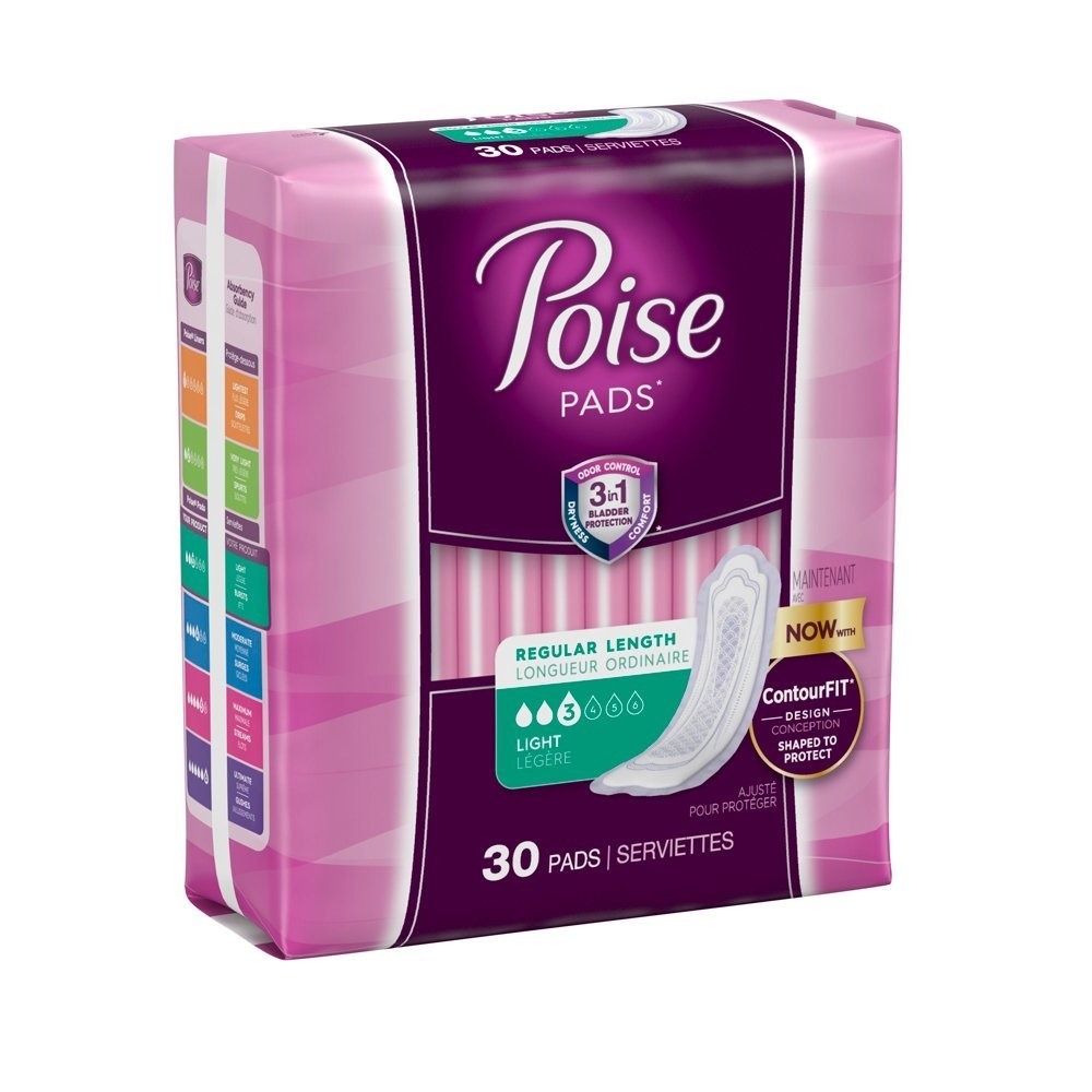 Poise Incontinence Pads, Light Absorbency, Regular, 30 Count (case of 4